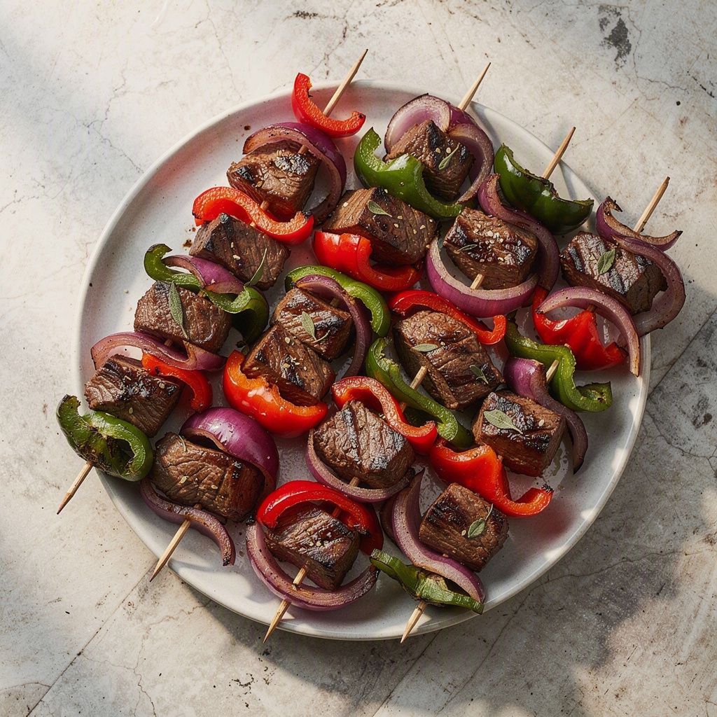 Grilled Beef Kabobs with Peppers and Onions
